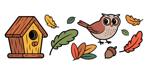 Cartoon owl standing next to birdhouse with autumn leaves and feathers acorn  in white background  © Tania