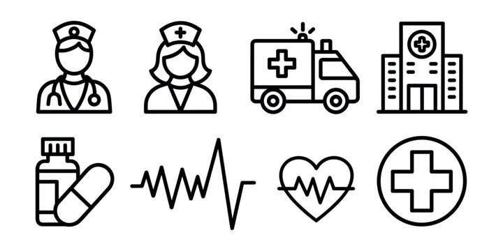 Medical including nurses ambulance hospital building pills and medical symbols  in white background
