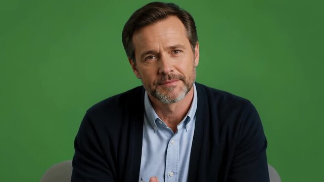 Middleaged man with beard wearing blue shirt and cardigan talking and gesturing, with green screen background for compositing.