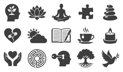 Naklejka premium Set of diverse spiritual and mental wellness icons including meditation yoga and personal growth sym
