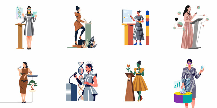 Set of futuristic female presenters and scientists using advanced technology and giving speeches in professional settings, flat vector illustration collection.