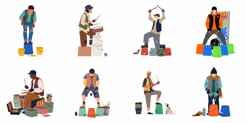 Fototapeta premium Set of flat vector illustrations featuring diverse street performers and bucket drummers playing rhythmic beats on plastic buckets to earn tips and money.