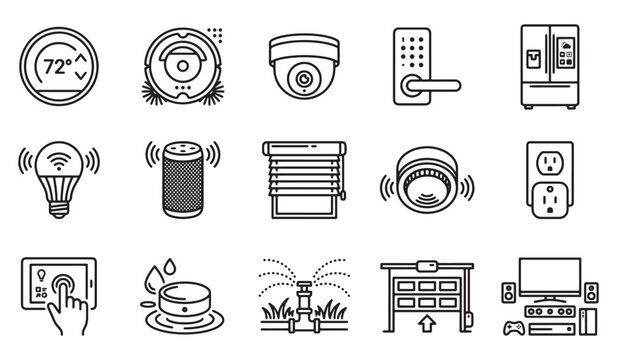 Set of smart home and house automation technology thin line icons