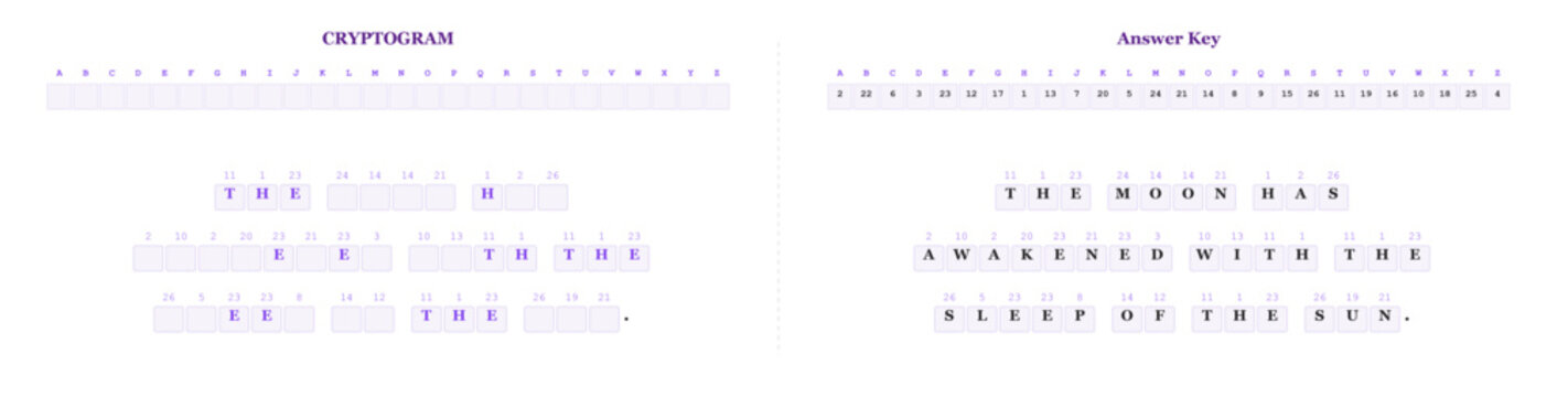 Halloween cryptogram puzzle with hidden messages in purple text  