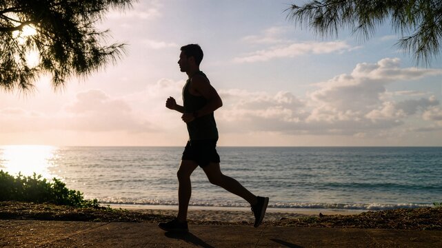 Male athlete sprinting along tropical beach path at sunrise for athletic brand advertising digital fitness content and wellness website