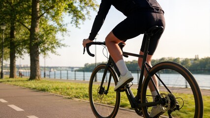 Fototapeta premium Cyclist riding road bike on paved path next to river at sunrise ideal for sports apparel marketing and active transport promotion