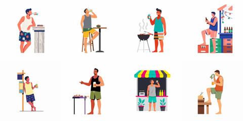 Fototapeta premium Flat illustration set of young men enjoying outdoor summer activities, drinking beer, grilling, and relaxing at snack bars and food stalls.