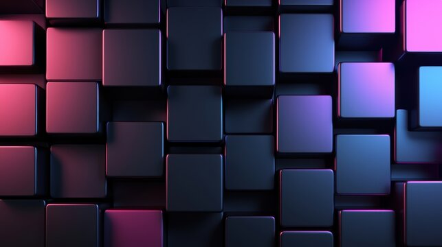Abstract background featuring dark geometric 3d cube structures illuminated by vibrant pink and blue neon lighting effects