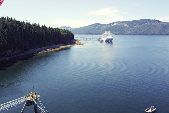 cruise ship docked at Icy Strait Point, Alaskan whale watching and fishing village destination, Hoonah village, Tlingit nation owned