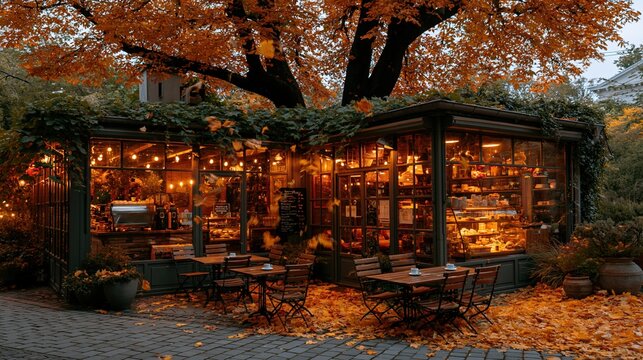 Paris France Europe lifestyle. A vivid autumn scene depicts a cozy outdoor cafe or restaurant. The main subject is a caf with a warm, inviting ambiance.