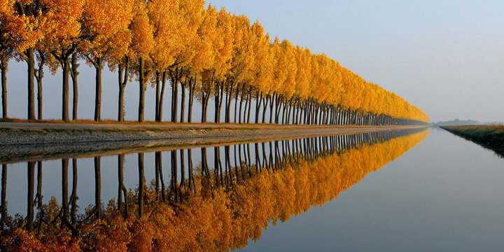 Autumn Poplar Trees with Yellow Leaves Reflected in Canal