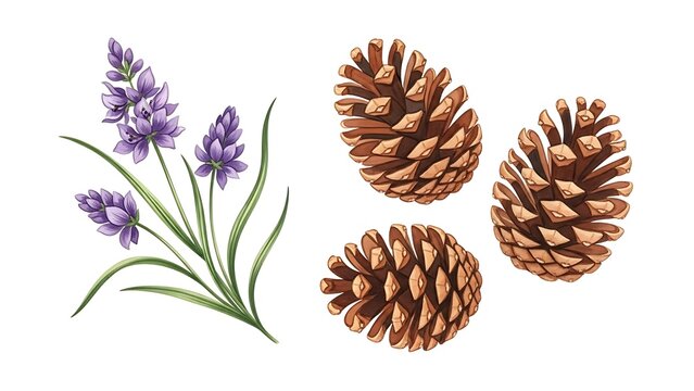 Close-up of three pine cones and sprigs of lavender.