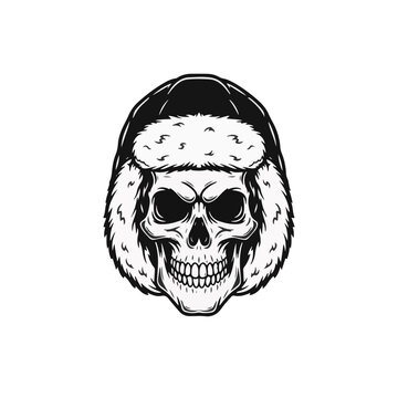 Vector illustration of a human skull wearing a fur-lined winter trapper hat with ear flaps. Black and white line art isolated on a plain white background.