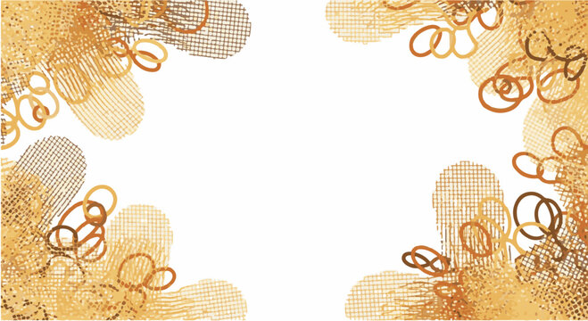 Abstract vector background featuring organic mustard yellow and ochre shapes with mesh textures, hand-drawn loops, and scribbles arranged in a decorative frame on white.