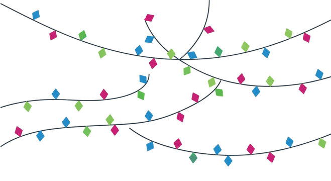 Minimalist vector illustration featuring multiple curved thin black wires adorned with colorful blue, green, and pink diamond-shaped flags or light bulbs on a plain white background.