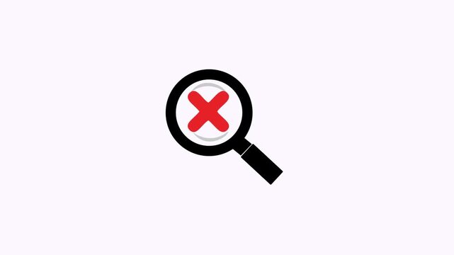Magnifying glass icon with red cross simple flat graphic symbol. Suitable for graphics related to search, fail, confirmation, or verification themes.
