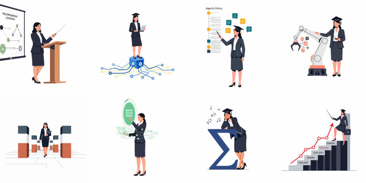 Set of professional illustrations depicting a woman exploring machine learning, reinforcement learning, data science, automation, and academic career growth concepts.