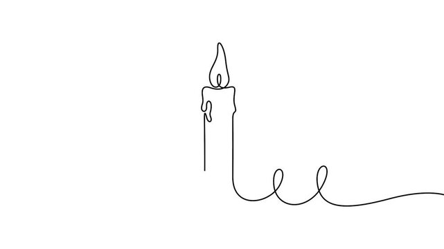 Candle continuous line drawing animation for mindfulness, relaxation, or holiday concepts. Minimalist continuous line art animation of a burning wax candle on a white background.