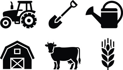 Silhouette vector set of farming icons including tractor shovel watering can barn cow wheat representing agriculture tools livestock crops industry © Arif Creatives