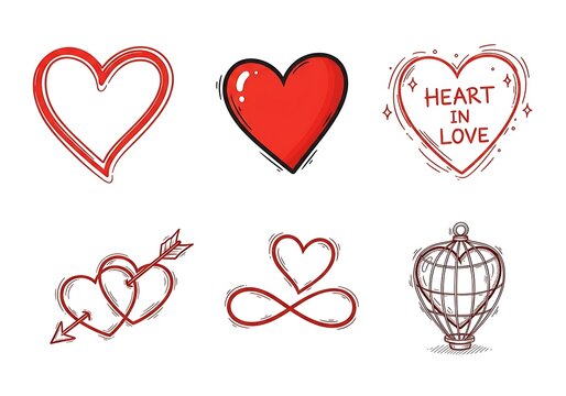Hand drawn heart illustrations set with love symbols and romantic designs