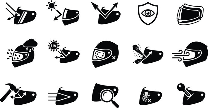 Set of black motorcycle helmet visor feature icons illustrating protection against sun rain wind scratches and various impacts for riders