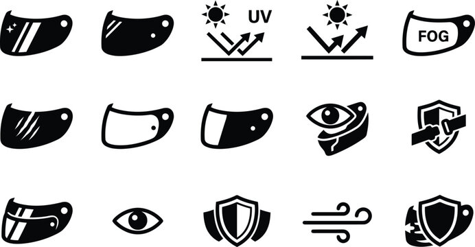 A collection of black and white vector icons representing motorcycle helmet visor features and safety protection technology for riders