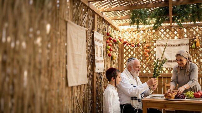 Jewish family celebrating the sukkot holiday inside a traditional hut