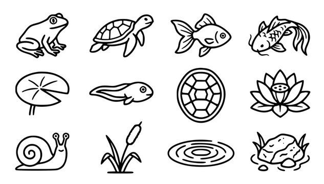 Frog turtle and fish vector icon set with simple bold line art pond life clip art black and white