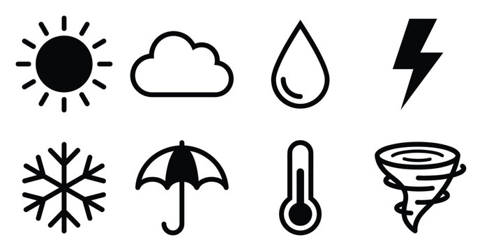 Adobe illustrator artwork,weather icon, weather icons set, climate symbols, meteorology icon, sun icon, cloud icon, rain drop, lightning bolt, snowflake icon, umbrella icon, thermometer icon, tornado 