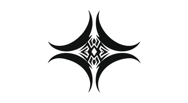 Tribal diamond symbol with symmetrical black curved crescent elements and geometric center isolated on white background. Minimalist vector art suitable for tattoo design, decals, and branding.