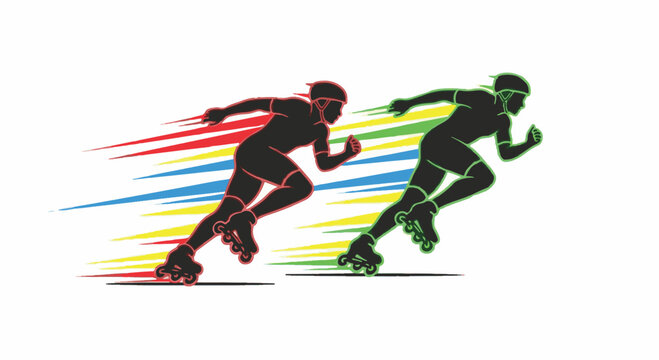 Vector illustration of two inline speed skating athletes racing with vibrant colorful motion trail lines in red, yellow, and blue. Silhouette figures in athletic action poses.