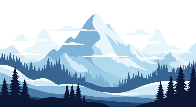 Layered vector illustration of a winter mountain landscape featuring snow-capped peaks, coniferous pine forests, and clouds in a monochromatic blue color palette on a white background.