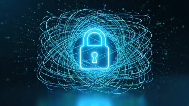 Blue neon open padlock icon with swirling digital particles