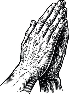Detailed black and white ink drawing of two human hands pressed together in a solemn gesture of humble prayer