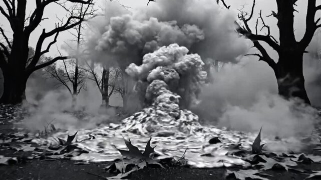 Spooky black and white landscape of bare trees and dense smoke rising, creating a foreboding atmosphere.