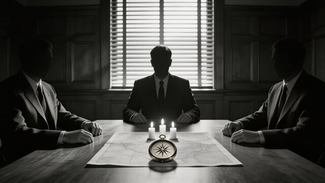 Silhouette of three men in suits sitting at table with candles and compass on map. Secret society meeting or clandestine conspiracy planning session in dim office. Dark mystery concept.