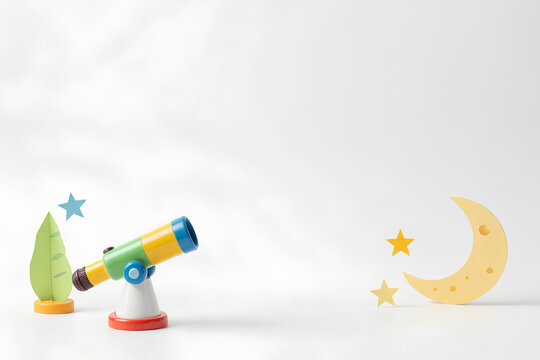 Toy telescope for kids stargazing, colorful astronomy learning tool for space exploration play, early childhood education, preschool and kindergarten science concept, imagination and discovery