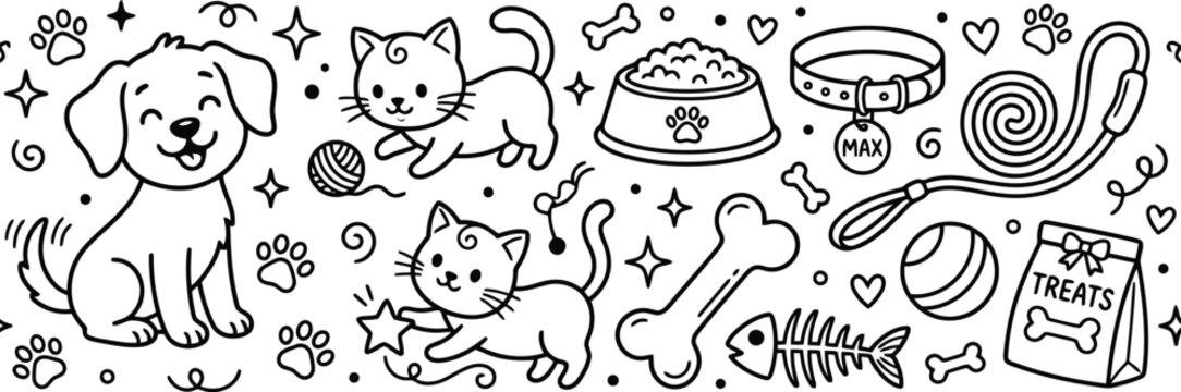 Cute hand drawn doodle style illustration featuring happy puppies kittens food bowls bones collars leashes and various playful pet toys