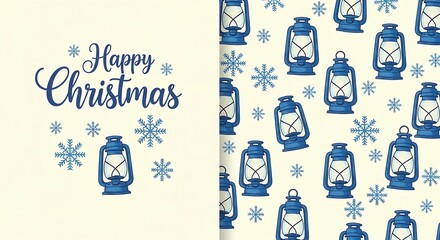 Naklejka premium Happy christmas lantern and snowflake pattern with handwritten text on cream background
