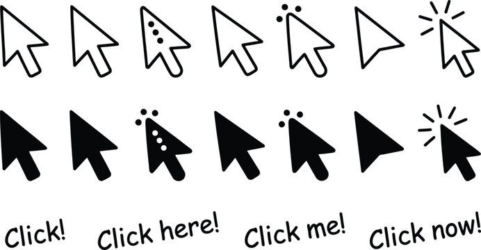A collection of black and white computer mouse cursor arrow icons showing various click actions for modern web interface design