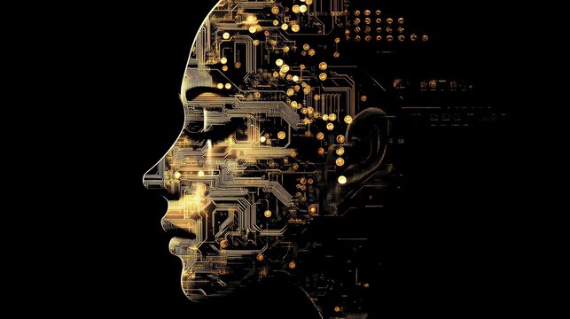 AI face profile, digital technology, circuit board.