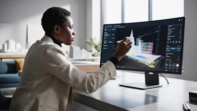 Professional woman working on architectural design software in office
