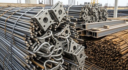 Fototapeta premium Industrial steel scaffolding components and construction materials in warehouse storage area