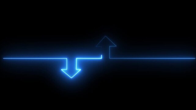 Glowing blue neon continuous line forming up and down arrows isolated on black background, perfect for finance, trade, and data exchange concept.