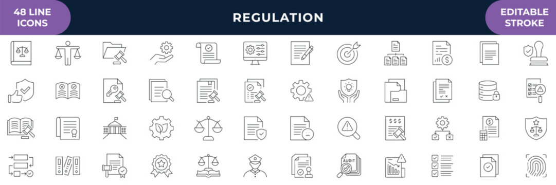 Regulation icon set. Containing rules, authority, conduct, law, guideline, penalty, government, ethics, compliance, procedure, and more. line icon. Editable stroke. Vector illustration