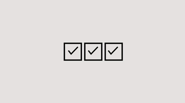 white check mark sign tick in blank white square check boxes on white background. 4k video animation 