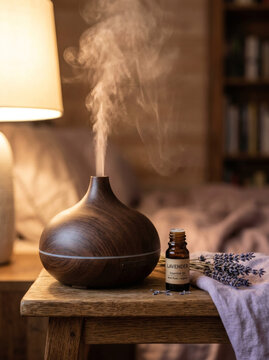 Dark wood essential oil diffuser emitting mist with an oil bottle, lavender, and warm lamp
