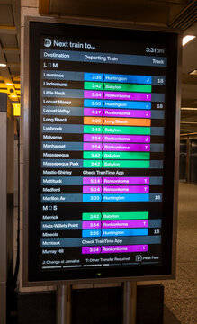 New York, New York USA - June 6, 2026: Long Island Rail Road departures board in Penn Station.