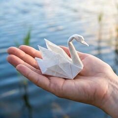 Obraz premium hand holding an elegant origami swan gracefully gliding on water, 