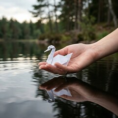 Obraz premium hand holding an elegant origami swan gracefully gliding on water, 